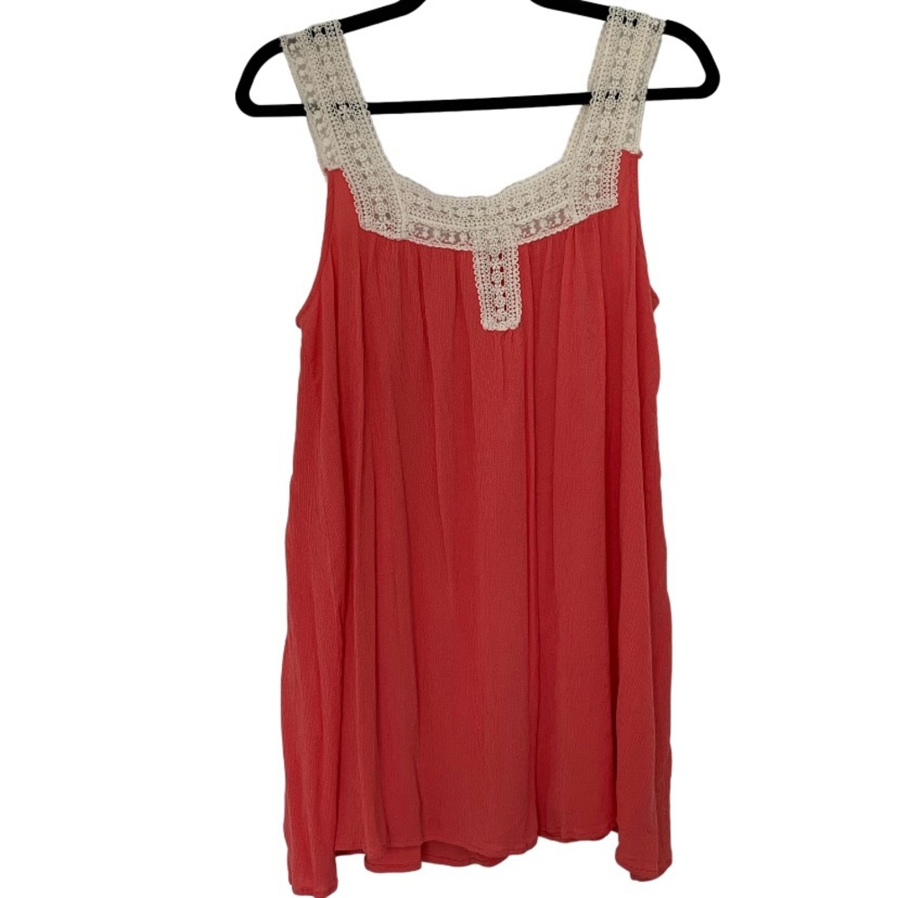 KORI AMERICA Women’s‎ Coral Sleeveless Tunic Top Gauze Crocheted Lace Sq. Neck S